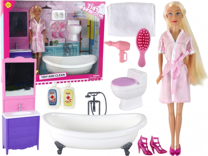 doll in a bathrobe with bathroom and accessories