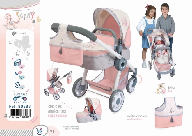 DeCuevas 80586 Poussette Pliable pour Poupées 3 en 1 avec Sac FUNNY 2023 - 70 cm