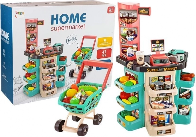 Kindersupermarktset met mandje, kassa, weegschaal en scanner (47 onderdelen)