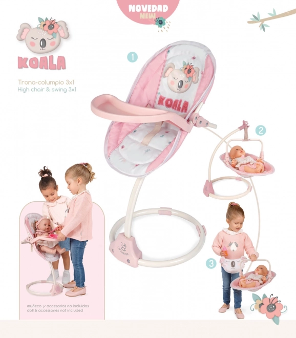 Chaise haute et balançoire multifonctionnelle 3 en 1 pour poupées Koala