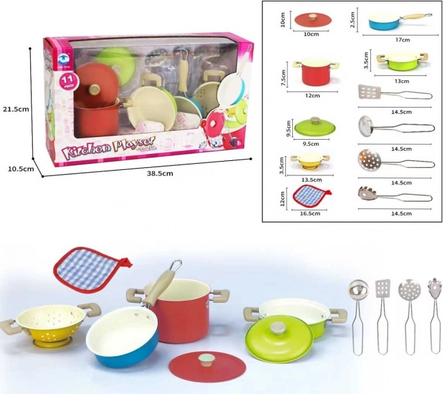 Ensemble coloré de casseroles et d’accessoires de cuisine pour enfants – métal, 11 pièces