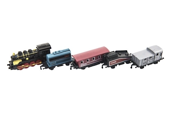 Trein/locomotief en wagens 5st metalen/plastic 8cm op terugtrekmechanisme 4 soorten op kaart