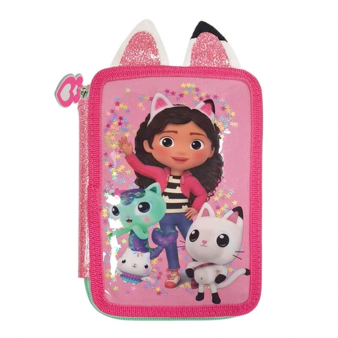 Two-compartment school pencil case GABBY'S DOLLHOUSE with supplies
