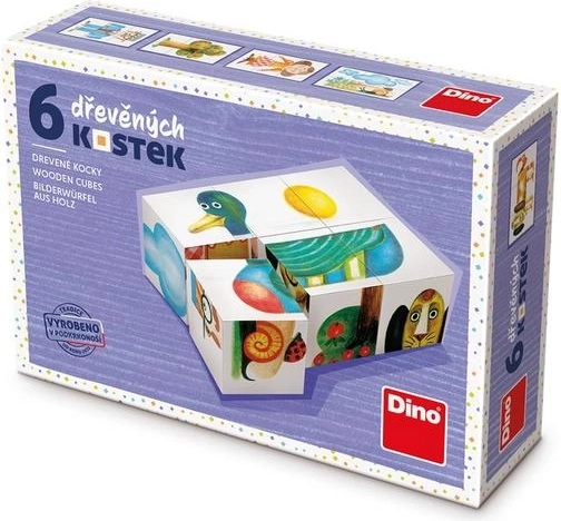 Houten blokken met afbeeldingen voor kinderen – eend, hond, boom (6 blokken)
