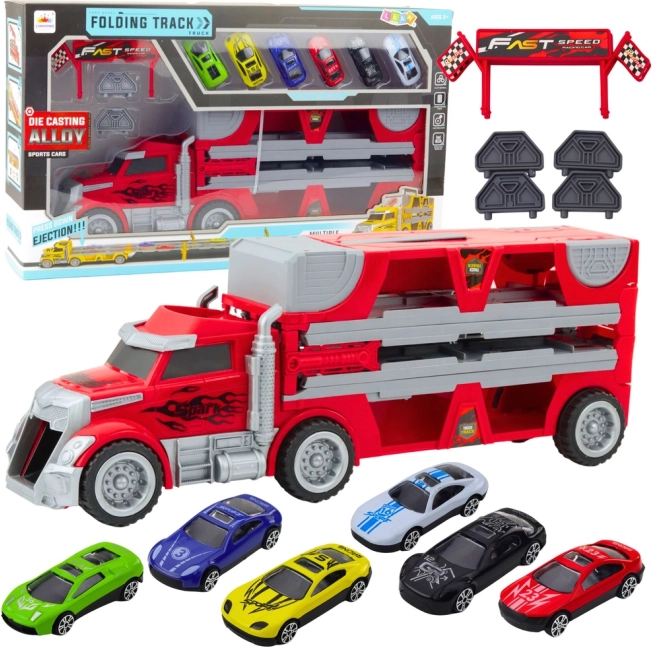 Expandable Truck with Racetrack and 6 Toy Cars