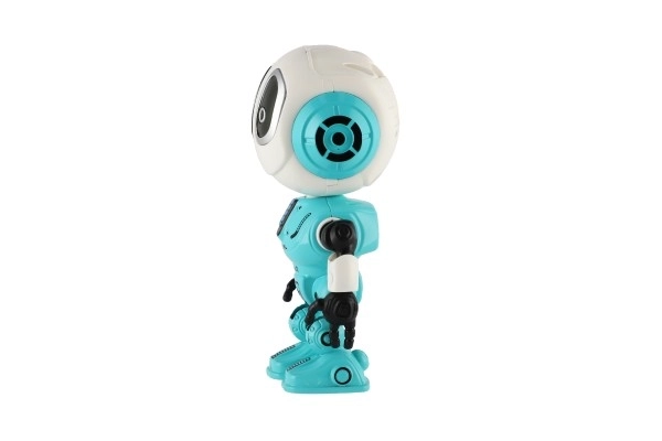 Robot ECHO herhaalt zinnen metalen 12cm blauw op batterijen met geluid en licht in doosje 10,5x15x5,5cm
