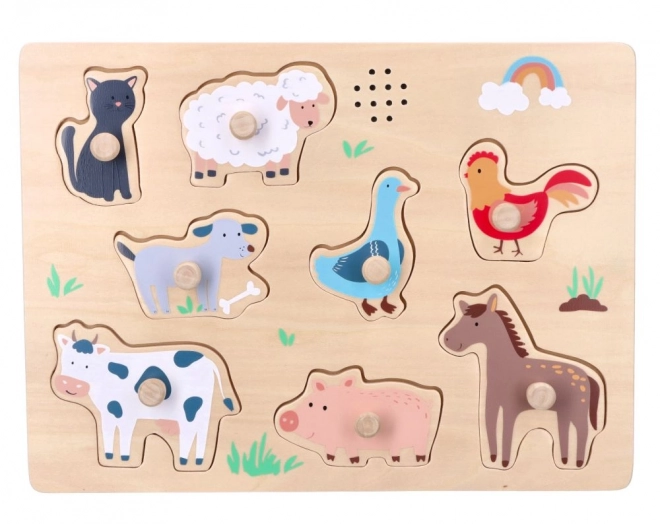 Houten inlegpuzzel met geluiden - dieren van de Boerderij