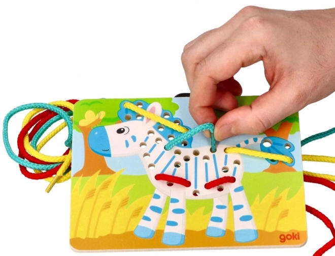 Houten rijgspeelgoed Goki - Papegaai, Leeuw en Zebra