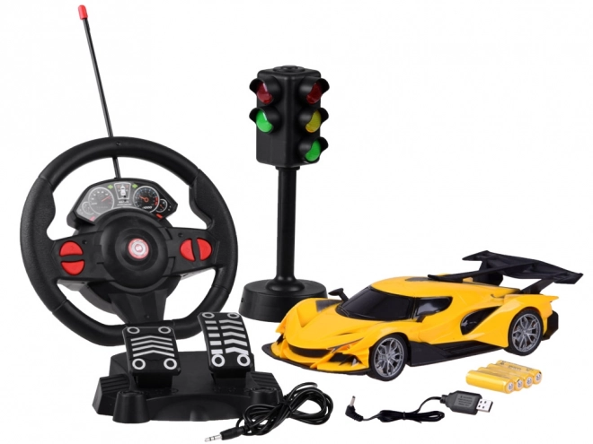 Raceauto met afstandsbediening en accessoires – Geel