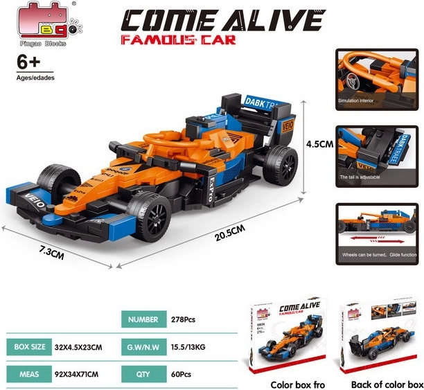 Orange F1 Racing Car Building Kit, 278 Pieces