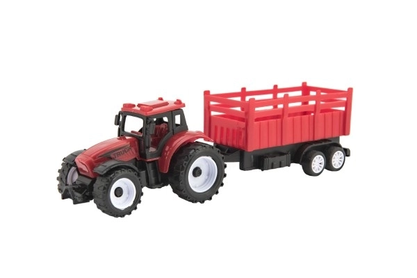 Tractor met aanhanger van plastic 21cm vrij lopend 2 kleuren in doosje 23x9x6cm