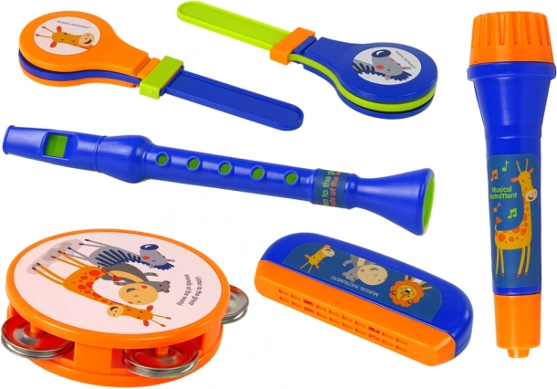 Musikinstrumente für Kinder - Set Trommel, Tamburin, Flöte, Rassel, Mundharmonika, Tiere