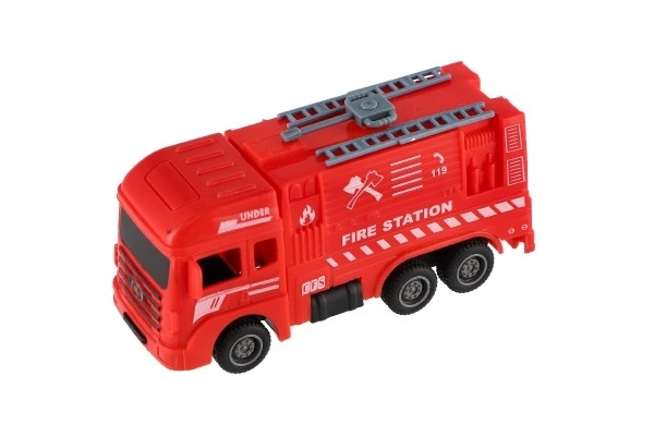 Brandweerauto kunststof 11cm met terugtrekmechanisme 4 soorten 12 stuks in doos