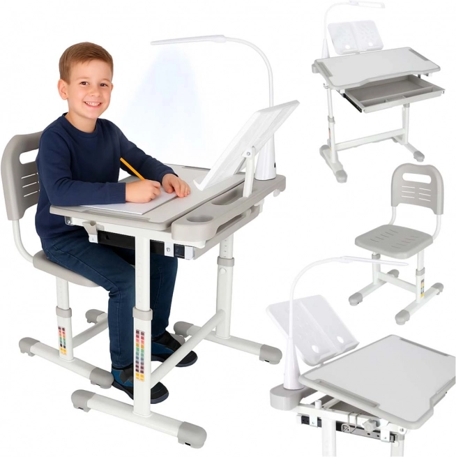 Groeiende kinderschrijftafel met stoel en LED-lamp, grijs
