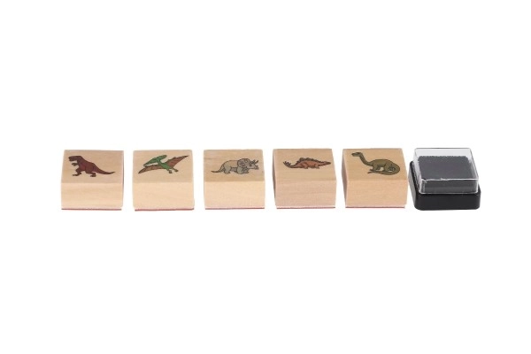 Houten stempels 5+1 met kussen dinosaurussen 3x3cm op kaart