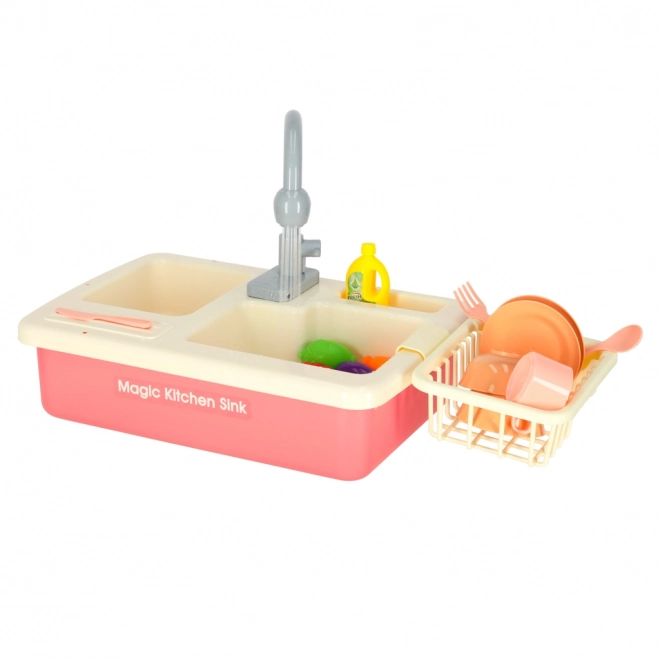 Kinderkeuken gootsteen met echt water en roze accessoires