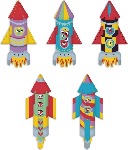 Fünf verschiedene Raketen aus wunderschön illustrierten Papieren