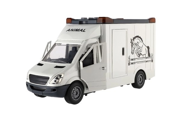 Auto transporteur dieren plastic 28cm met paarden op vliegwiel met licht met geluid grijs in doos 39x18cm
