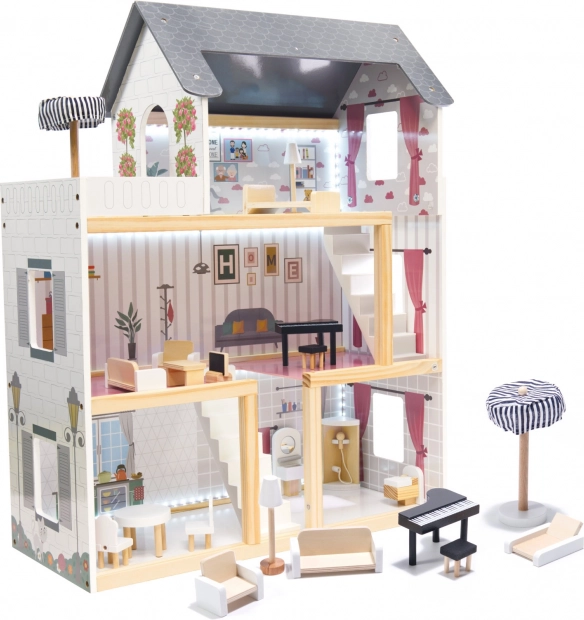 Wooden Dollhouse with LED Lighting