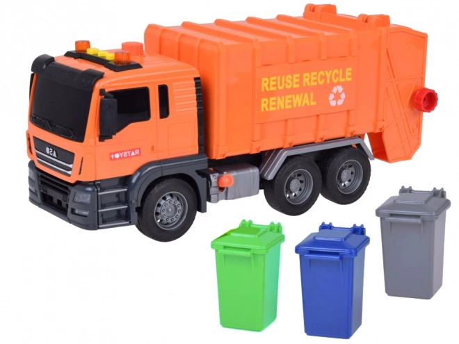Grote vuilniswagen met containers, geluiden en lichten