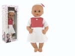Puppe Hamiro mit zwinkernden Augen 50 cm mit festem Körper und weißem Kleid mit roten Punkten