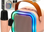 Set de karaoké avec haut-parleur Bluetooth, 2 microphones sans fil et éclairage LED 6 W – rose