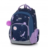 School backpack with floral print and decorative elements