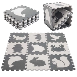 Schuimrubberen educatieve speelmat puzzel dieren, grijs 85 × 85 cm, 9 delen