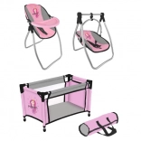 poppen set princess pink grey – reisbedje en 2-in-1 stoeltje met schommel