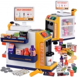 Kinder zelfbedieningswinkel met koffiezetapparaat en koelkast – scanner, kassa en accessoires