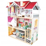 Bino three-story wooden dollhouse with elevator and 13 accessories