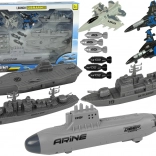 Naval military set with submarine, warships, and fighter jets