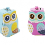 Blikken spaarpot in de vorm van een uil met slot, 16 cm, 2 kleuren