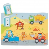 Houten geluidsinlegpuzzel op de bouwplaats GOKI