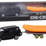 Black off-road vehicle with trailer and orange boat