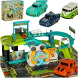 Interactive racing car track with steering wheel and elevator