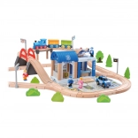 Wooden Train Set with Police Station and Bridge