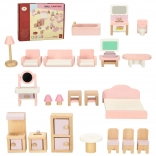Wooden dollhouse furniture – living room, bedroom, bathroom and kitchen, pink
