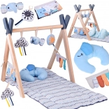 Wooden play gym with educational mat and hanging toys for babies