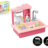 Pink Children's Dish Sink with Battery-Powered Faucet and Accessories