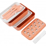 oranje lunchbox met kat met lepel en vork