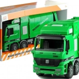Large green children's garbage truck with opening dump bed and clip-on bin