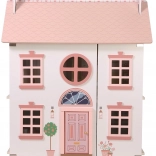 maison de poupées en bois avec toit rose et accessoires