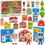 Tooky Toy ville en bois – bâtiments et figurines