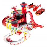 Garage de pompiers, 3 niveaux avec ascenseur, voitures + hélicoptère, 74 pièces