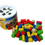 Wooden blocks for toddlers in a bucket with shape sorter