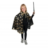 Kids' wizard cloak for Halloween, black with gold motifs