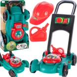 Toy lawn mower with helmet and fuel can