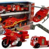 Set de véhicules de pompiers avec hélicoptère, camion de pompiers et moto avec lumières et sons