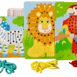 Houten rijgspeelgoed Goki - Papegaai, Leeuw en Zebra